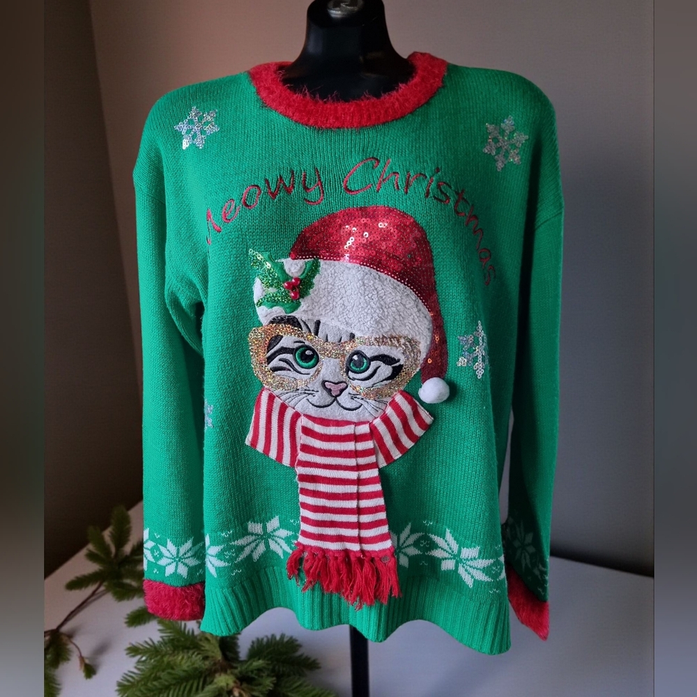 Meowy Christmas Embroidered Cat Sweater With Iridescent Snowflakes & Sequins